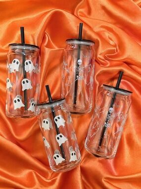 Halloween Ghost & Skeleton Glass Can Cups Set of 4 🎃